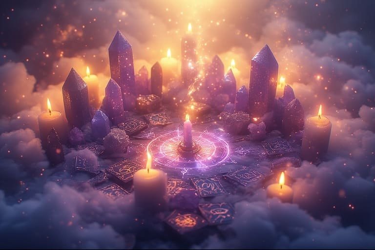 Autel spirituel céleste flottant dans les nuages avec cristaux améthyste, bougie centrale et cartes de tarot astrologiques