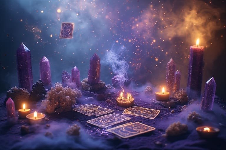 Autel spirituel avec cristaux améthyste, cartes de tarot, bougies allumées et fumée d'encens dans une ambiance cosmique