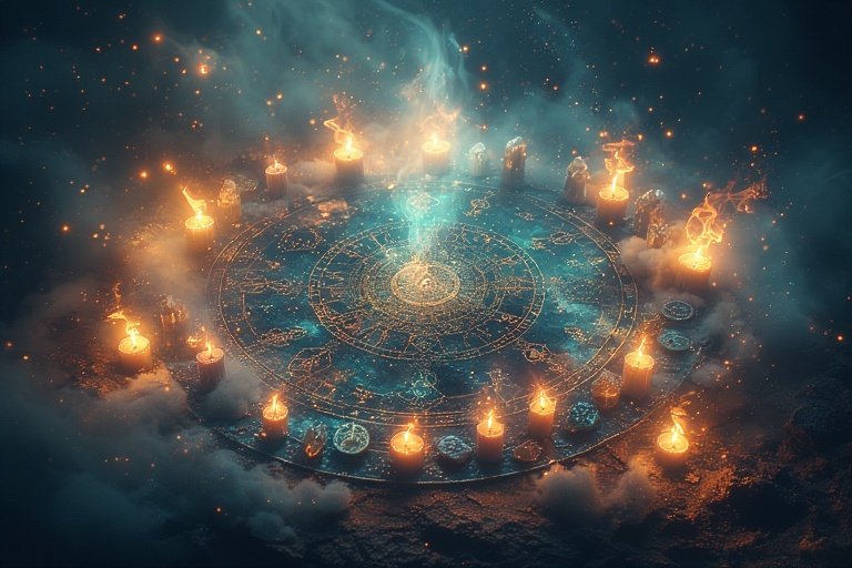 Une belle carte de l'univers avec des bougies dans une ambiance mystique