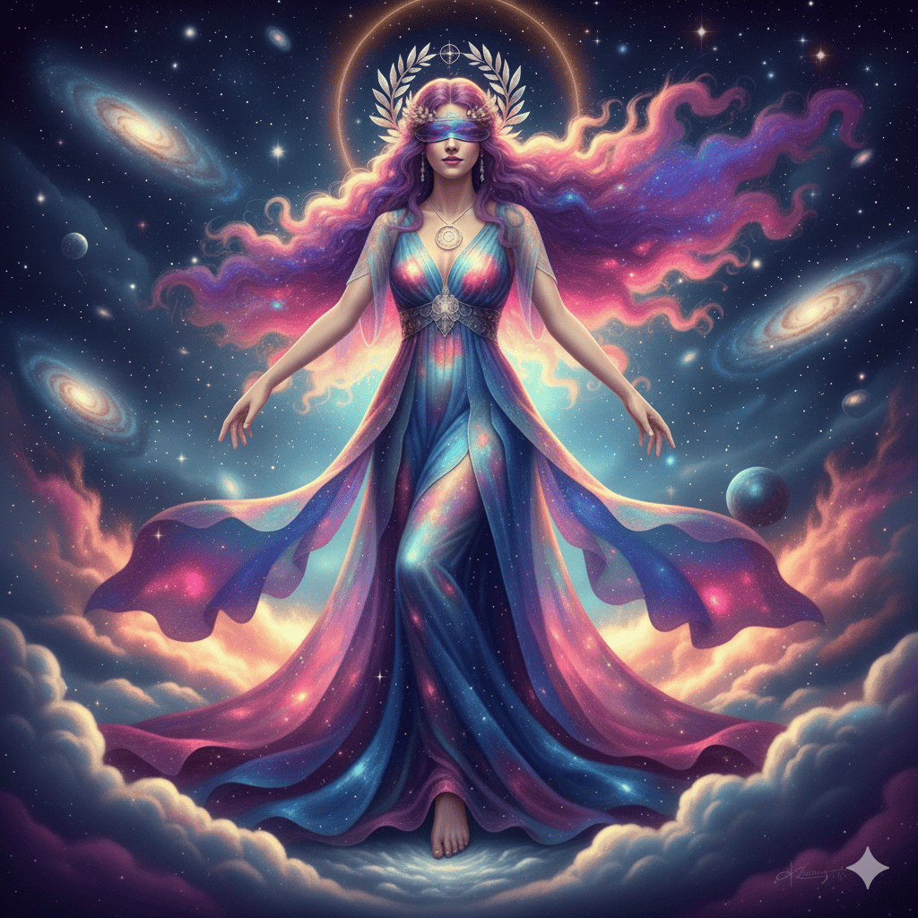 Déesse de la Justice cosmique aux yeux bandés avec les mains ouvertes lumineuse dans un univers stellaire multicolore