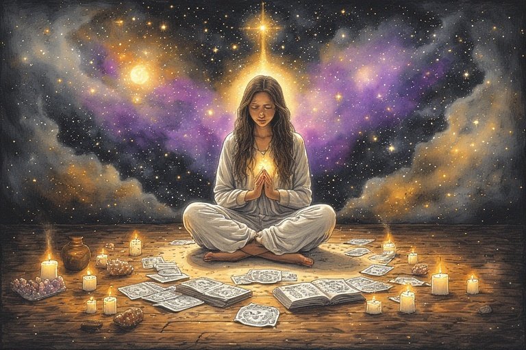 Une femme en priere assise sur un tapis de guidance avec des bougies