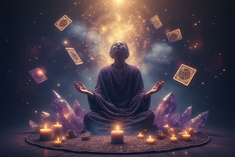 Personne méditant en lévitation avec cartes de tarot flottantes, cristaux violets et mandala doré cosmique