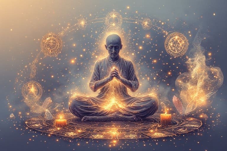 Illustration d’un moine en méditation entouré d’énergies dorées et de symboles cosmiques, représentant l’harmonie et la guidance spirituelle.
