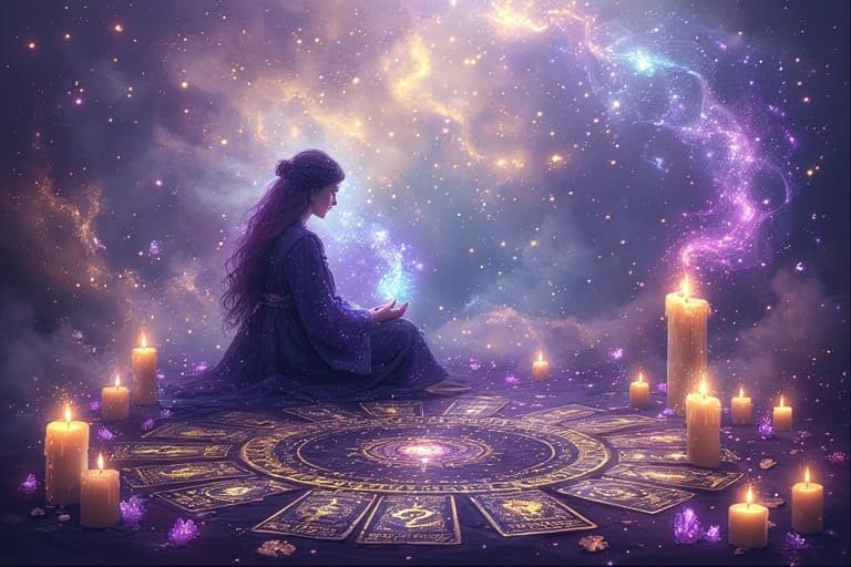 Illustration d’une medium en méditation entouré d’énergies dorées et de symboles cosmiques, représentant l’harmonie et la guidance spirituelle.