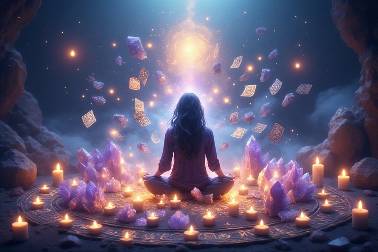 Une femme en lévitation guidée par les cartes de tarots, de divination, de mystère