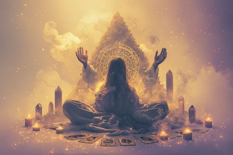 Personne en méditation entourée de cristaux, bougies et cartes de tarot dans une ambiance spirituelle dorée et mystique