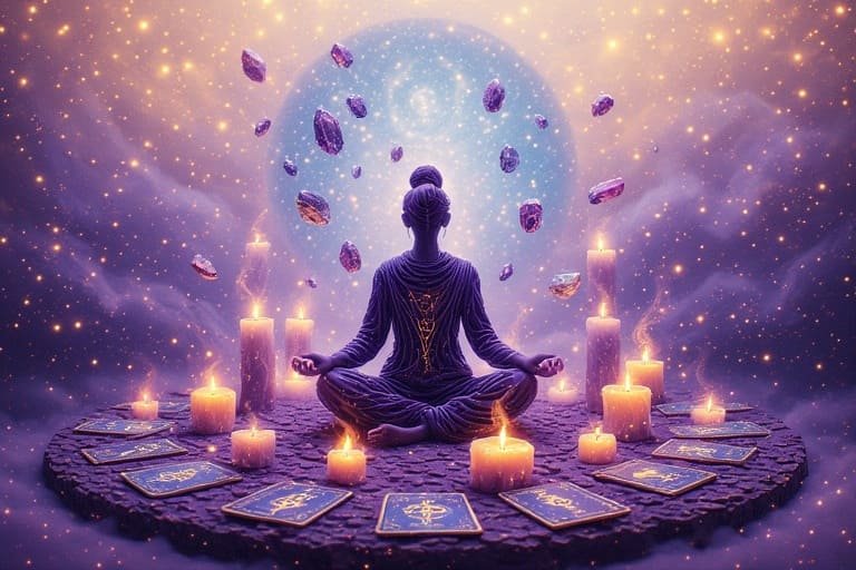 Méditation dans un portail cosmique violet avec cristaux en lévitation, bougies et cartes de tarot dorées