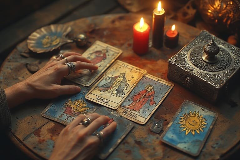 Mains de cartomancienne disposant des cartes de tarot lors d'un tirage avec bougies allumées sur table en bois vintage